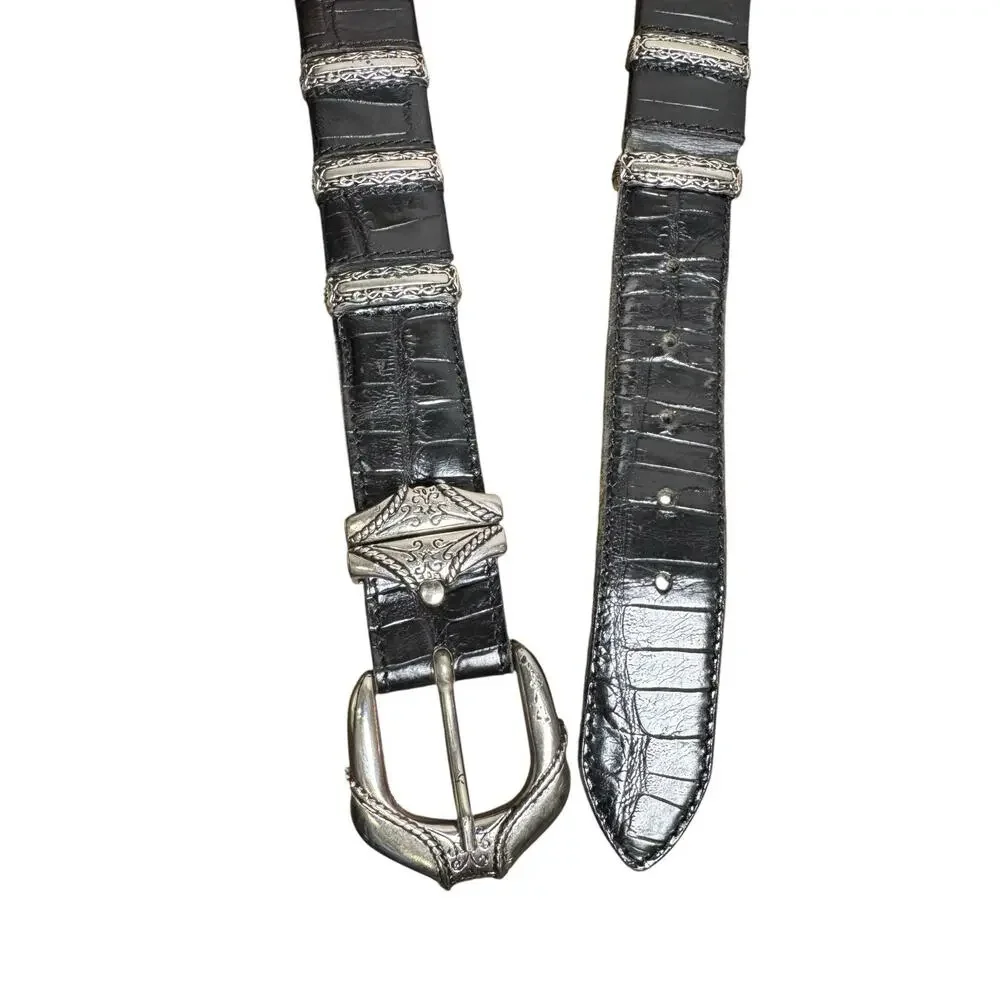 Nanni Womens Leather Belt Black Croc Embossed Western Silver Hardware Size 38